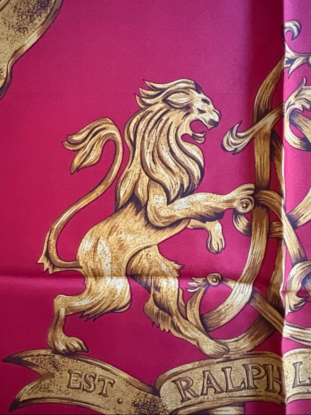 Vintage Ralph Lauren Gold and Red Double Lion Silk Scarf — Gold,NavyRed & Green